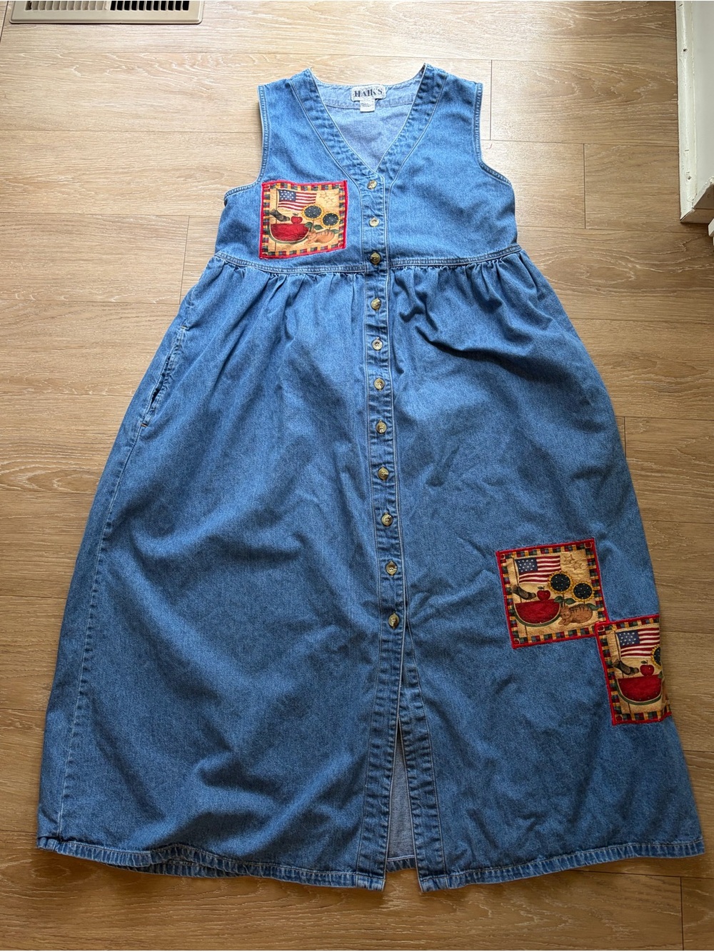 Vintage 90’s HAIK’S “Talk of America” Denim Button-Front Dress w/ Patchwork